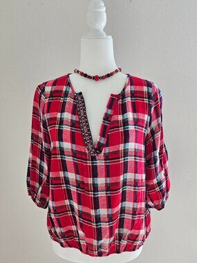 Red Plaid Boho Peasant Blouse V Neck Flowy 3/4 Sleeve Top